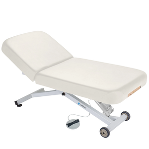 Earthlite Ellora Pneumatic Tilt Electric Lift Massage Table White with cushioned top, adjustable pneumatic tilt feature, and electric height lift base, designed for professional Med Spa and wellness practices.