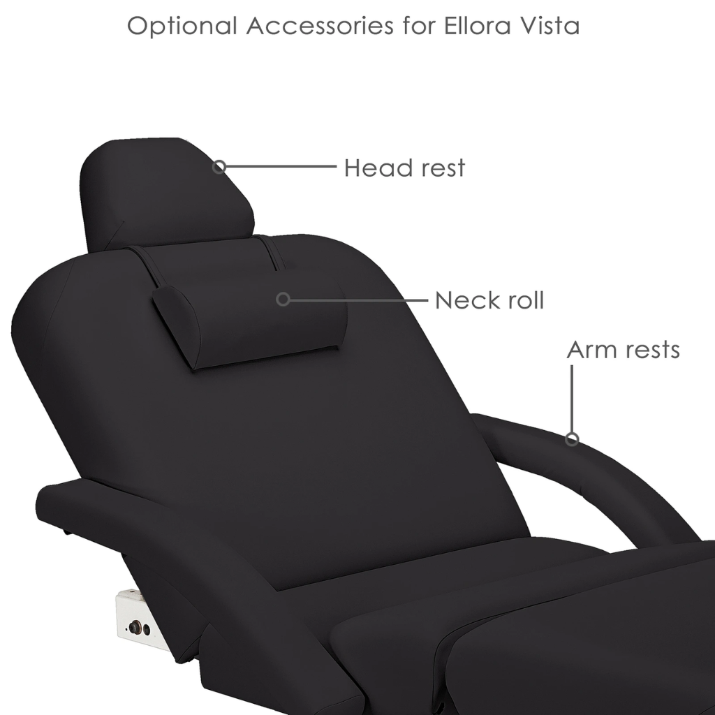 Earthlite Ellora Vista Electric Salon Massage Table illustrating optional accessories such as the Head rest, Neck roll and arm rests.