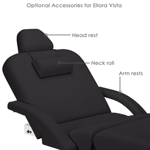 Earthlite Ellora Vista Electric Salon Massage Table illustrating optional accessories such as the Head rest, Neck roll and arm rests.