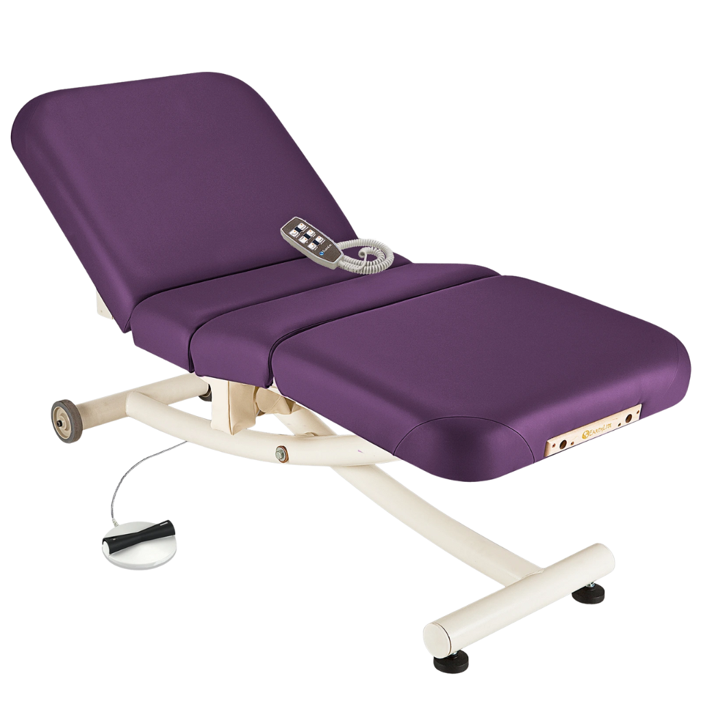 Earthlite Ellora Vista Electric Salon Massage Table Amethyst with cushioned flat top and electric lift base, designed for adjustable height and comfort in professional Med Spa and wellness practices.