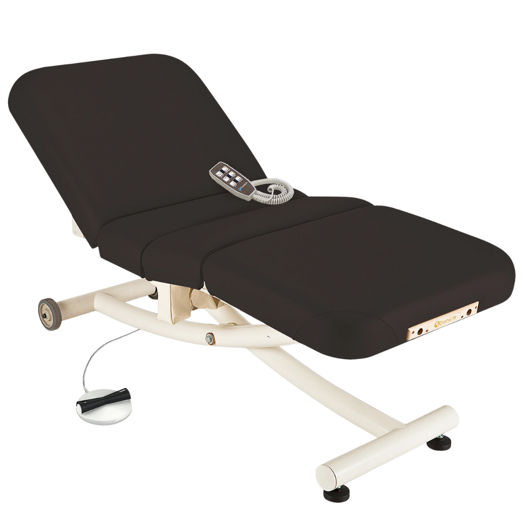 Earthlite Ellora Vista Electric Salon Massage Table Black with cushioned flat top and electric lift base, designed for adjustable height and comfort in professional Med Spa and wellness practices.