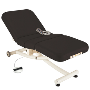Earthlite Ellora Vista Electric Salon Massage Table Black with cushioned flat top and electric lift base, designed for adjustable height and comfort in professional Med Spa and wellness practices.
