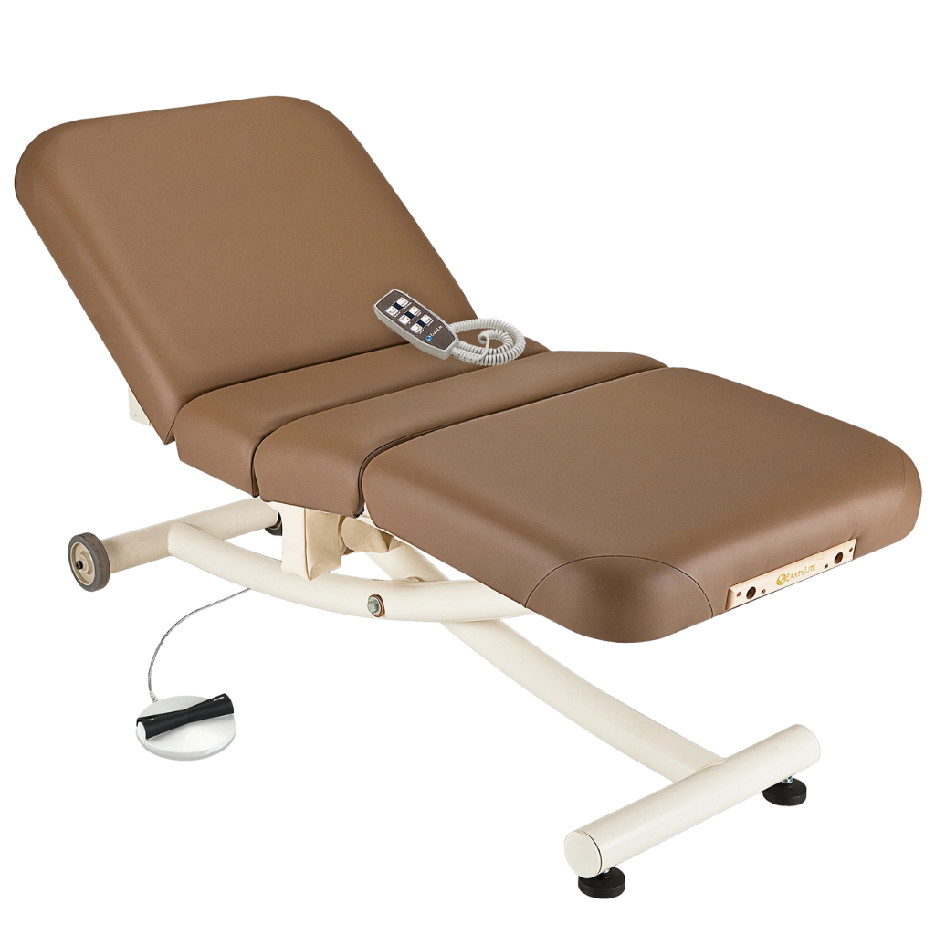 Earthlite Ellora Vista Electric Salon Massage Table Latte with cushioned flat top and electric lift base, designed for adjustable height and comfort in professional Med Spa and wellness practices.
