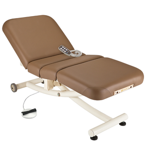 Earthlite Ellora Vista Electric Salon Massage Table Latte with cushioned flat top and electric lift base, designed for adjustable height and comfort in professional Med Spa and wellness practices.