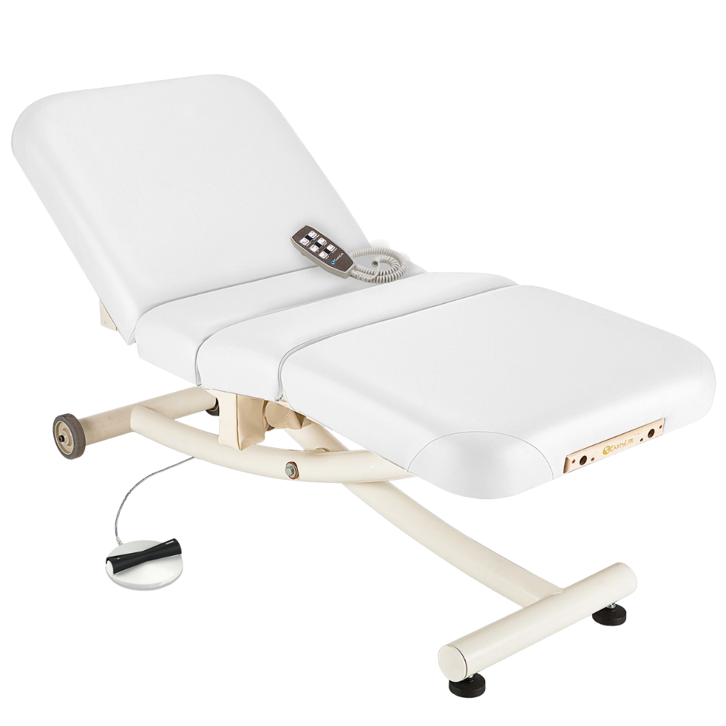 Earthlite Ellora Vista Electric Salon Massage Table Pure White with cushioned flat top and electric lift base, designed for adjustable height and comfort in professional Med Spa and wellness practices.