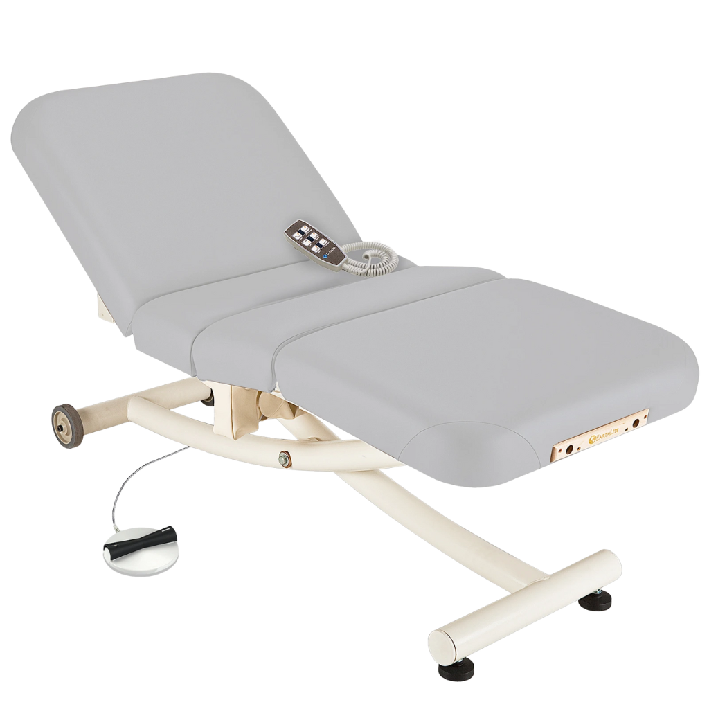 Earthlite Ellora Vista Electric Salon Massage Table Sterling with cushioned flat top and electric lift base, designed for adjustable height and comfort in professional Med Spa and wellness practices.