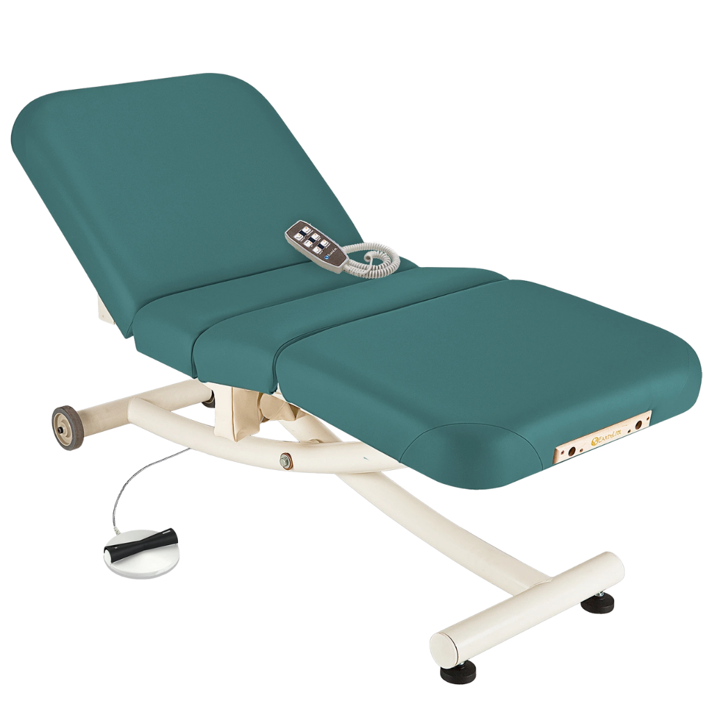 Earthlite Ellora Vista Electric Salon Massage Table Teal with cushioned flat top and electric lift base, designed for adjustable height and comfort in professional Med Spa and wellness practices.