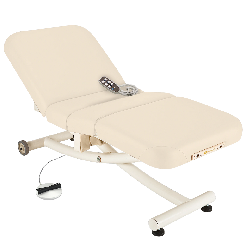 Earthlite Ellora Vista Electric Salon Massage Table Vanilla Creme with cushioned flat top and electric lift base, designed for adjustable height and comfort in professional Med Spa and wellness practices.