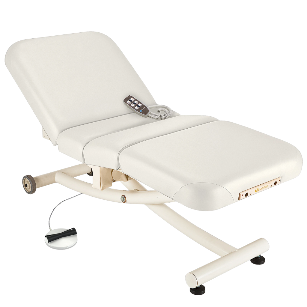 Earthlite Ellora Vista Electric Salon Massage Table White with cushioned flat top and electric lift base, designed for adjustable height and comfort in professional Med Spa and wellness practices.