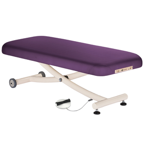 Earthlite Ellora Vista Flat Electric Lift Massage Table Amethyst with cushioned top, heavy-duty frame and wheels, ideal for professional Med Spas and wellness practices.