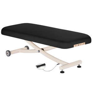 Earthlite Ellora Vista Flat Electric Lift Massage Table Black with cushioned top, heavy-duty frame and wheels, ideal for professional Med Spas and wellness practices.