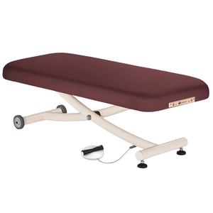 Earthlite Ellora Vista Flat Electric Lift Massage Table Burgundy with cushioned top, heavy-duty frame and wheels, ideal for professional Med Spas and wellness practices.