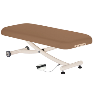 Earthlite Ellora Vista Flat Electric Lift Massage Table Latte with cushioned top, heavy-duty frame and wheels, ideal for professional Med Spas and wellness practices.