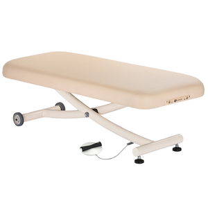 Earthlite Ellora Vista Flat Electric Lift Massage Table Marie's Beige with cushioned top, heavy-duty frame and wheels, ideal for professional Med Spas and wellness practices.