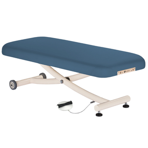 Earthlite Ellora Vista Flat Electric Lift Massage Table Mystic Blue with cushioned top, heavy-duty frame and wheels, ideal for professional Med Spas and wellness practices.
