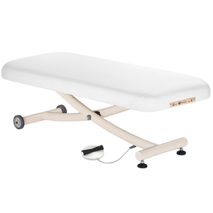 Earthlite Ellora Vista Flat Electric Lift Massage Table Pure White with cushioned top, heavy-duty frame and wheels, ideal for professional Med Spas and wellness practices.