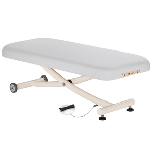 Earthlite Ellora Vista Flat Electric Lift Massage Table Sterling with cushioned top, heavy-duty frame and wheels, ideal for professional Med Spas and wellness practices.