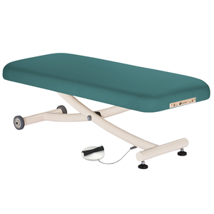 Earthlite Ellora Vista Flat Electric Lift Massage Table Teal with cushioned top, heavy-duty frame and wheels, ideal for professional Med Spas and wellness practices.