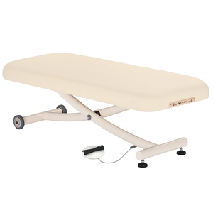 Earthlite Ellora Vista Flat Electric Lift Massage Table Vanilla Creme with cushioned top, heavy-duty frame and wheels, ideal for professional Med Spas and wellness practices.
