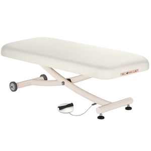 Earthlite Ellora Vista Flat Electric Lift Massage Table White with cushioned top, heavy-duty frame and wheels, ideal for professional Med Spas and wellness practices.