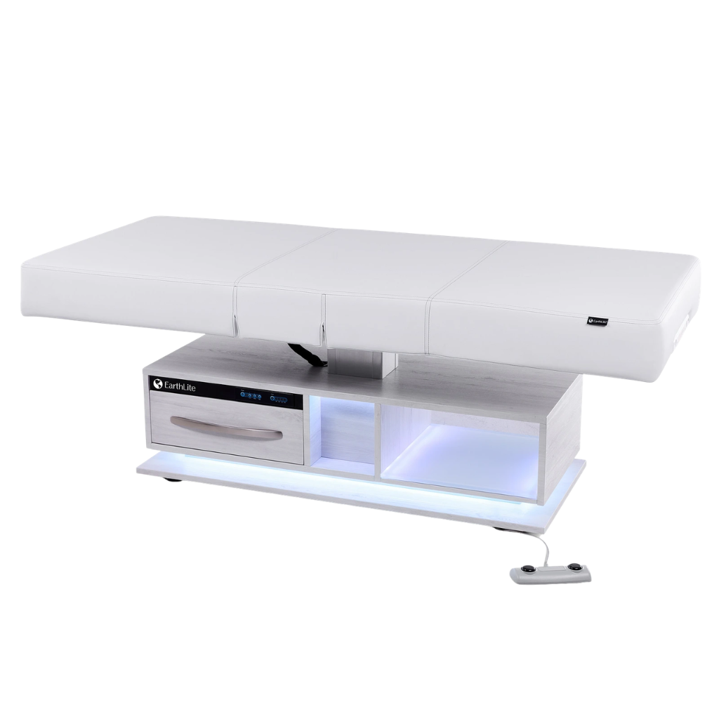 The Earthlite Everest Eclipse 2.0 Flat Top Lift Table illustrated with optional warming drawer.