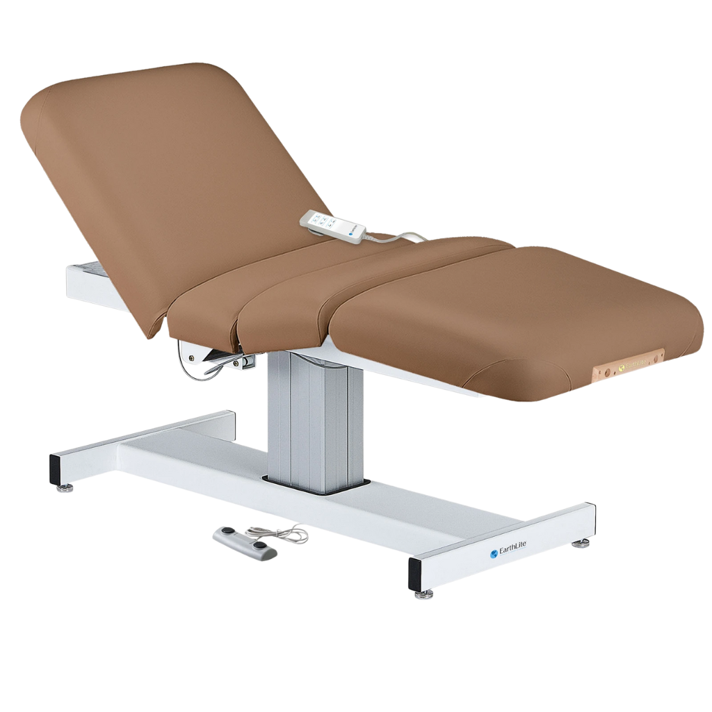 Earthlite Everest Electric Salon Pedestal Electric Lift Table Latte with cushioned flat top and single-column base, featuring adjustable electric functions for professional Med Spa and wellness practices.