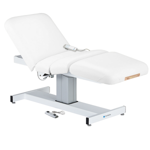 Earthlite Everest Electric Salon Pedestal Electric Lift Table Pure White with cushioned flat top and single-column base, featuring adjustable electric functions for professional Med Spa and wellness practices.