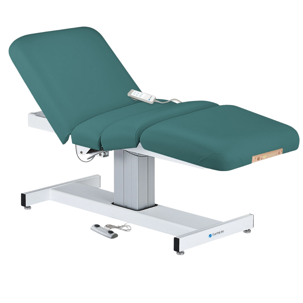 Earthlite Everest Electric Salon Pedestal Electric Lift Table Teal with cushioned flat top and single-column base, featuring adjustable electric functions for professional Med Spa and wellness practices.