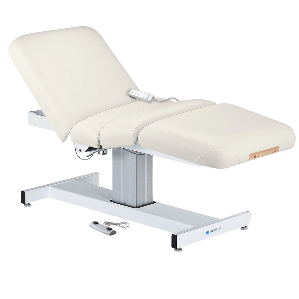 Earthlite Everest Electric Salon Pedestal Electric Lift Table White with cushioned flat top and single-column base, featuring adjustable electric functions for professional Med Spa and wellness practices.