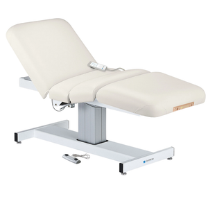 Earthlite Everest Electric Salon Pedestal Electric Lift Table White with cushioned flat top and single-column base, featuring adjustable electric functions for professional Med Spa and wellness practices.