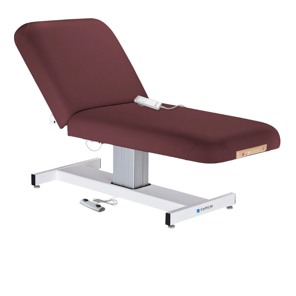 Earthlite Everest Electric Tilt Pedestal Electric Lift Table Burgundy with cushioned top, adjustable electric tilt feature, and single-column lift base, designed for professional Med Spa and wellness practices.