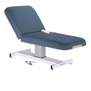 Earthlite Everest Electric Tilt Pedestal Electric Lift Table Mystic Blue with cushioned top, adjustable electric tilt feature, and single-column lift base, designed for professional Med Spa and wellness practices.
