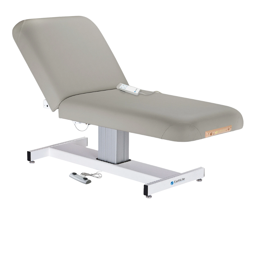 Earthlite Everest Electric Tilt Pedestal Electric Lift Table Sterling with cushioned top, adjustable electric tilt feature, and single-column lift base, designed for professional Med Spa and wellness practices.