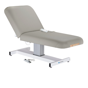 Earthlite Everest Electric Tilt Pedestal Electric Lift Table Sterling with cushioned top, adjustable electric tilt feature, and single-column lift base, designed for professional Med Spa and wellness practices.