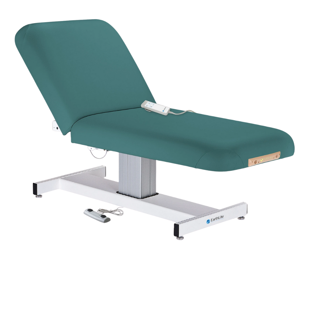 Earthlite Everest Electric Tilt Pedestal Electric Lift Table Teal with cushioned top, adjustable electric tilt feature, and single-column lift base, designed for professional Med Spa and wellness practices.