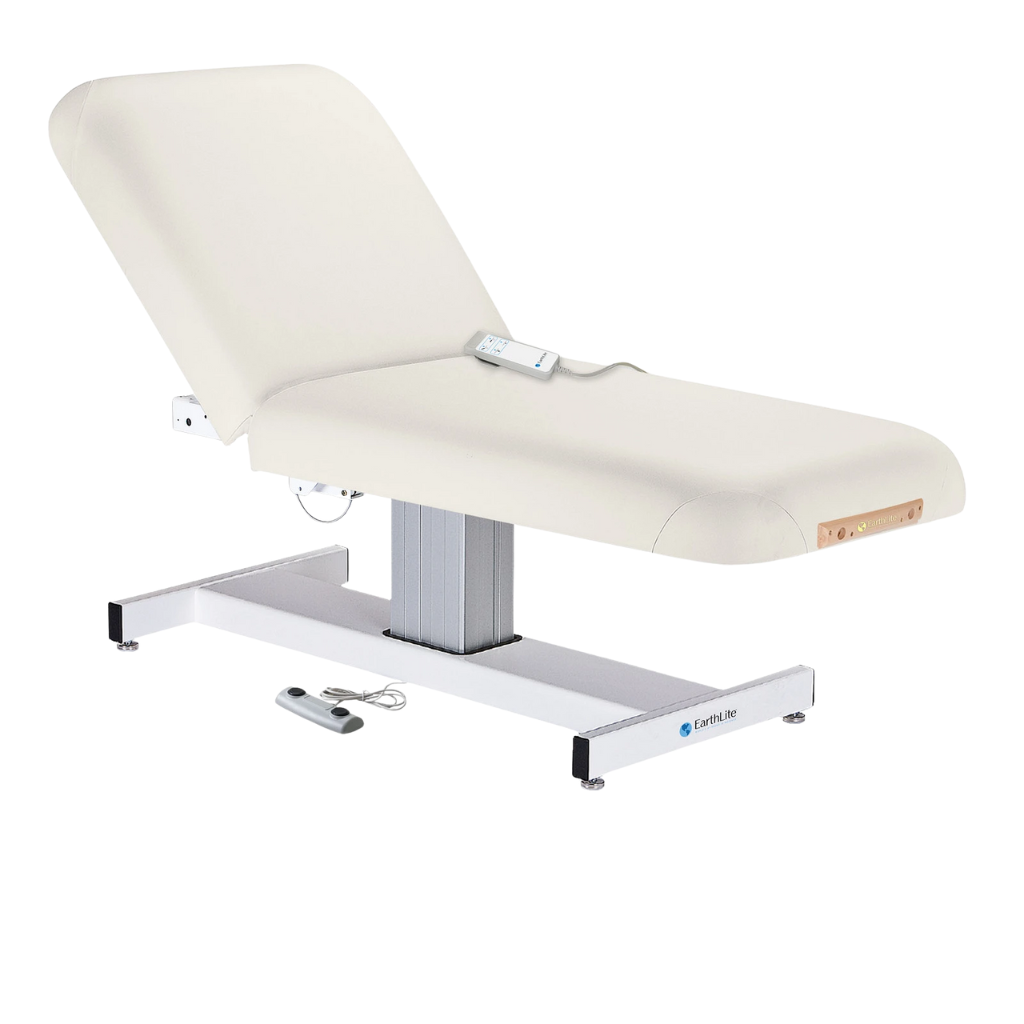 Earthlite Everest Electric Tilt Pedestal Electric Lift Table White with cushioned top, adjustable electric tilt feature, and single-column lift base, designed for professional Med Spa and wellness practices.