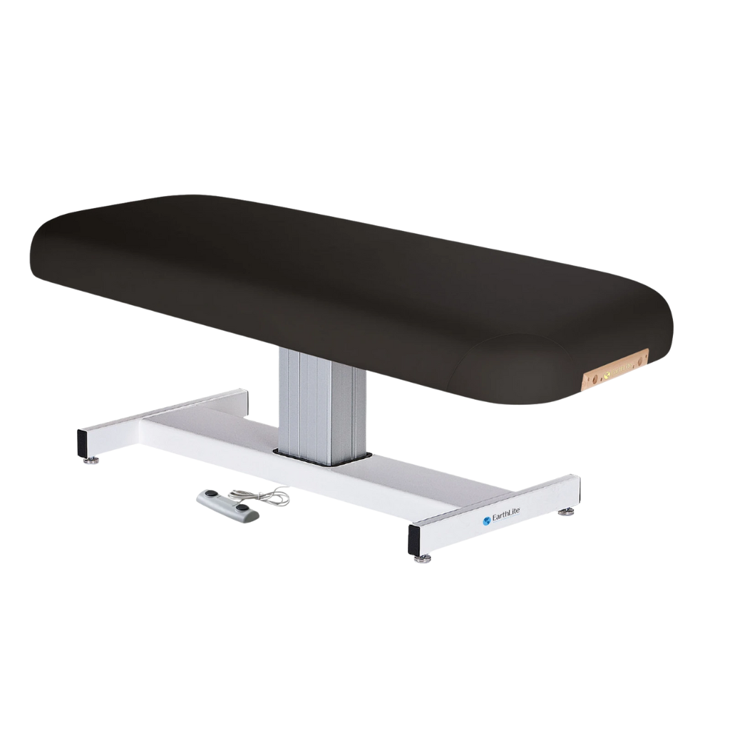 Earthlite Everest Flat Pedestal Electric Lift Table Black with wide cushioned top, pneumatic tilt control, and stable base, designed for professional Med Spa and wellness practices.