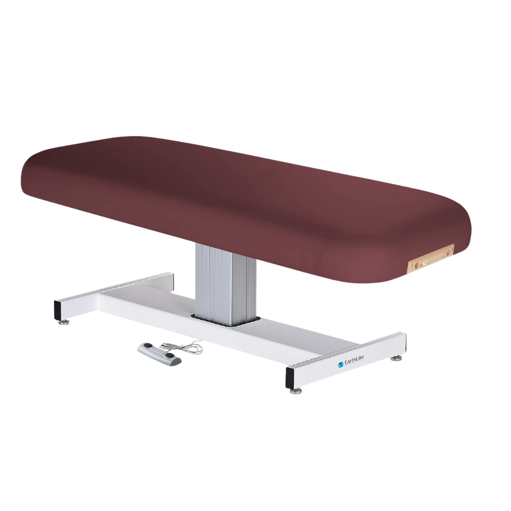 Earthlite Everest Flat Pedestal Electric Lift Table Burgundy with wide cushioned top, pneumatic tilt control, and stable base, designed for professional Med Spa and wellness practices.