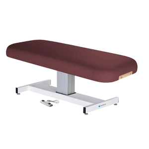Earthlite Everest Flat Pedestal Electric Lift Table Burgundy with wide cushioned top, pneumatic tilt control, and stable base, designed for professional Med Spa and wellness practices.
