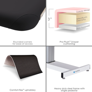 Earthlite Everest Flat Pedestal Electric Lift Table illustrating features such as Rounded corners for ease of access, Pro-Plush 3-layer cushioning, Comfort-Flex upholstery and the Heavy duty steel frame with a single pedestal.