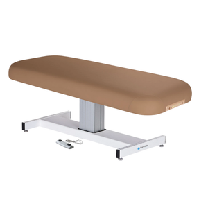 Earthlite Everest Flat Pedestal Electric Lift Table Latte with wide cushioned top, pneumatic tilt control, and stable base, designed for professional Med Spa and wellness practices.