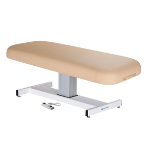 Earthlite Everest Flat Pedestal Electric Lift Table Marie's Beige with wide cushioned top, pneumatic tilt control, and stable base, designed for professional Med Spa and wellness practices.