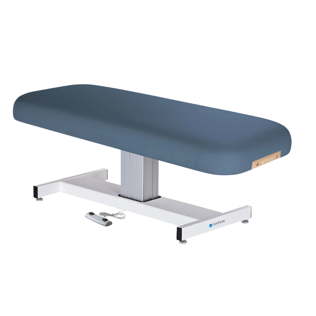 Earthlite Everest Flat Pedestal Electric Lift Table Mystic Blue with wide cushioned top, pneumatic tilt control, and stable base, designed for professional Med Spa and wellness practices.