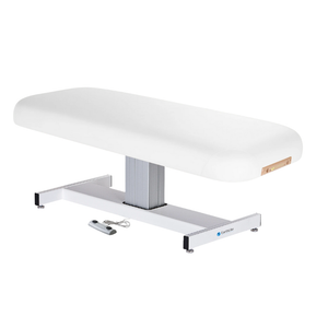 Earthlite Everest Flat Pedestal Electric Lift Table Pure White with wide cushioned top, pneumatic tilt control, and stable base, designed for professional Med Spa and wellness practices.