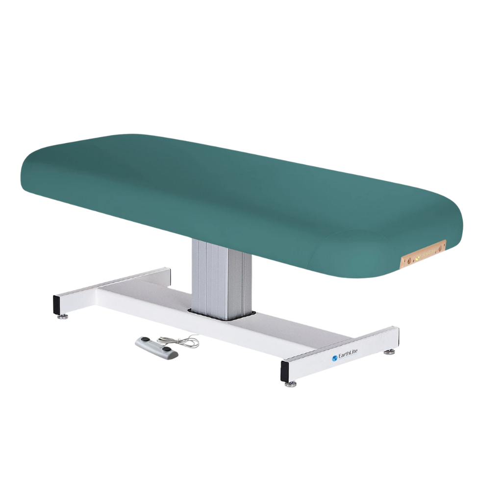 Earthlite Everest Flat Pedestal Electric Lift Table Teal with wide cushioned top, pneumatic tilt control, and stable base, designed for professional Med Spa and wellness practices.