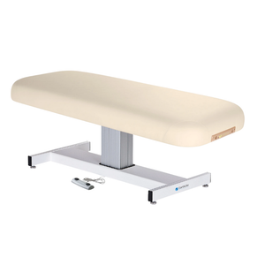 Earthlite Everest Flat Pedestal Electric Lift Table Vanilla Creme with wide cushioned top, pneumatic tilt control, and stable base, designed for professional Med Spa and wellness practices.