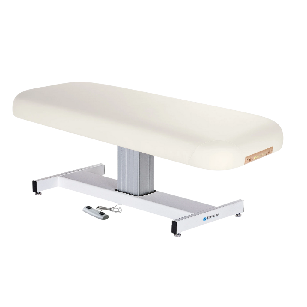 Earthlite Everest Flat Pedestal Electric Lift Table White with wide cushioned top, pneumatic tilt control, and stable base, designed for professional Med Spa and wellness practices.