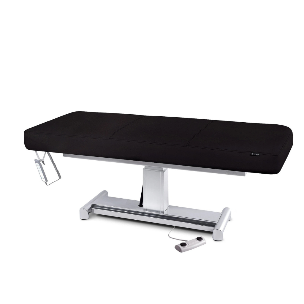 Earthlite Everest LX Flat Top Electric Lift Table with Black replaceable mattress and sturdy metal base, designed for Med Spa and IV hydration practices.