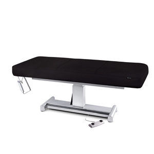 Earthlite Everest LX Flat Top Electric Lift Table with Black replaceable mattress and sturdy metal base, designed for Med Spa and IV hydration practices.