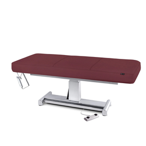 Earthlite Everest LX Flat Top Electric Lift Table with Burgundy replaceable mattress and sturdy metal base, designed for Med Spa and IV hydration practices.